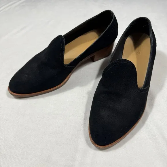 Soludos Womens Black Suede Leather Loafers Low Wooden Heel Shoes 8.5 US/39EU