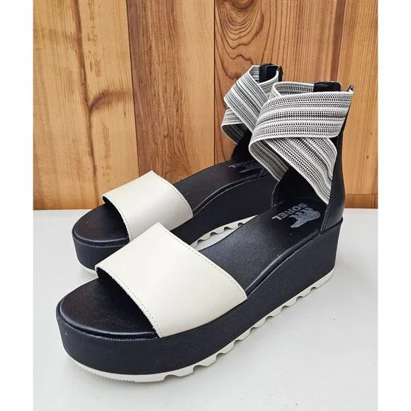 Sorel Cameron Flatform Black Cream Women's Ankle Strap Sandals Size 8