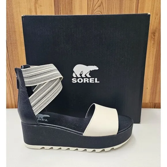 Sorel Cameron Flatform Black Cream Women's Ankle Strap Sandals Size 8