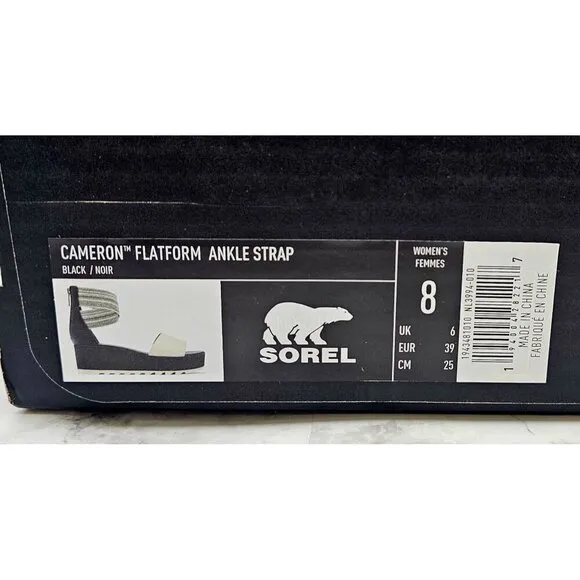 Sorel Cameron Flatform Black Cream Women's Ankle Strap Sandals Size 8