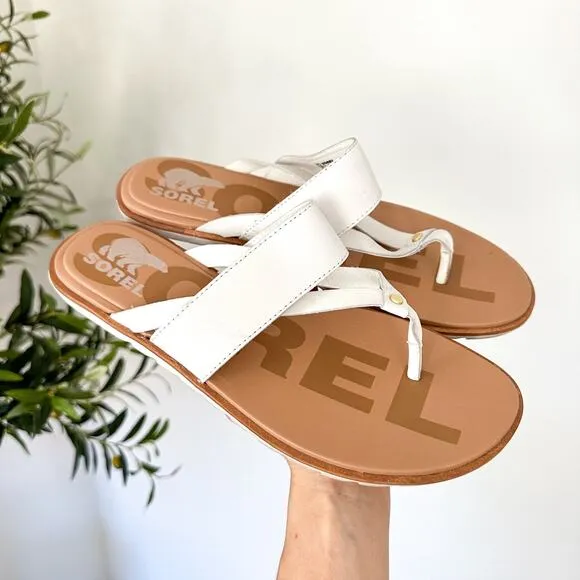 Sorel Ella II Easy Leather T-Strap Flip Flop Sandals White 9.5
