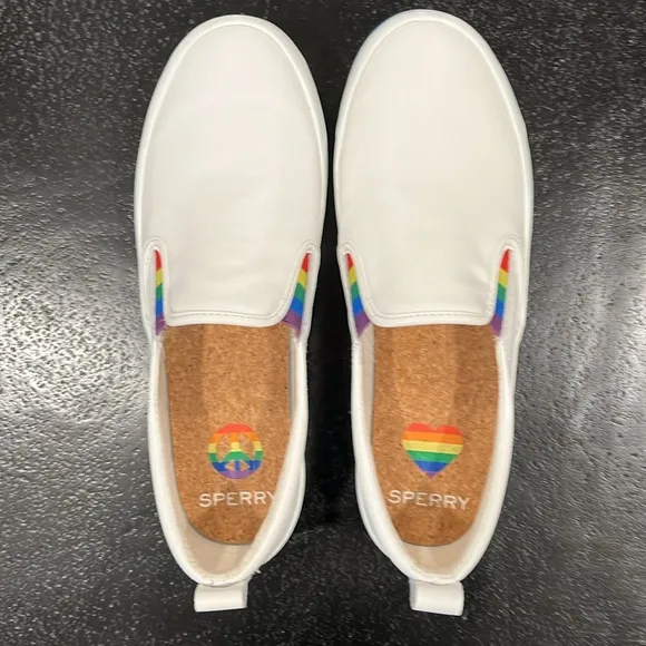 Sperry White Slip-On Sneakers with Rainbow Sole Size 7.5