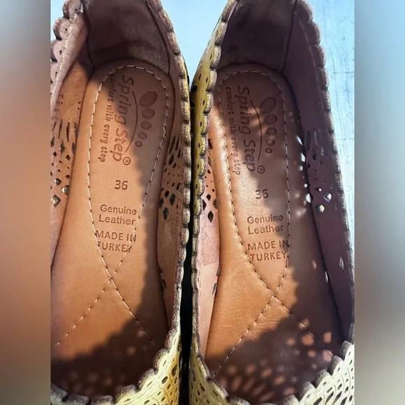 Spring Step Women’s Size 36 Leather Laser Cut Slip-On Comfort Shoes Mustard