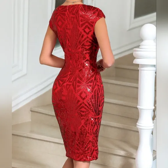 Square Neck Sequin Bodycon Dress For New Year Holiday Party Cloth