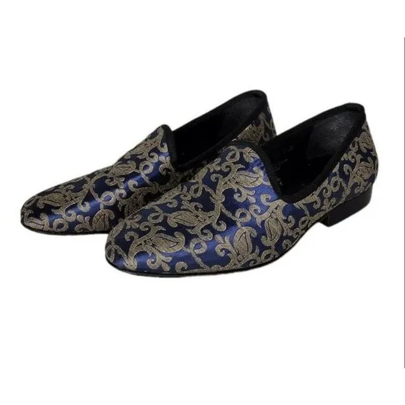 Stacy Adams Venice Blue Gold Jacquard Damask Smoking Slipper Loafer Men'…