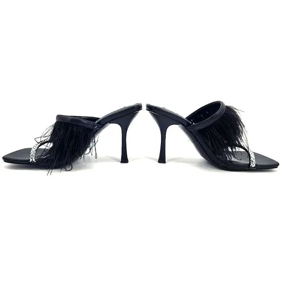Steve Madden Avilon Feather Crystal Embellished Slide Sandals Women Size 7 Black