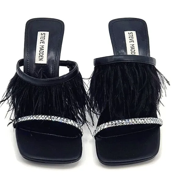 Steve Madden Avilon Feather Crystal Embellished Slide Sandals Women Size 7 Black