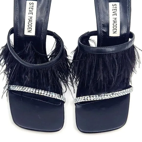 Steve Madden Avilon Feather Crystal Embellished Slide Sandals Women Size 7 Black
