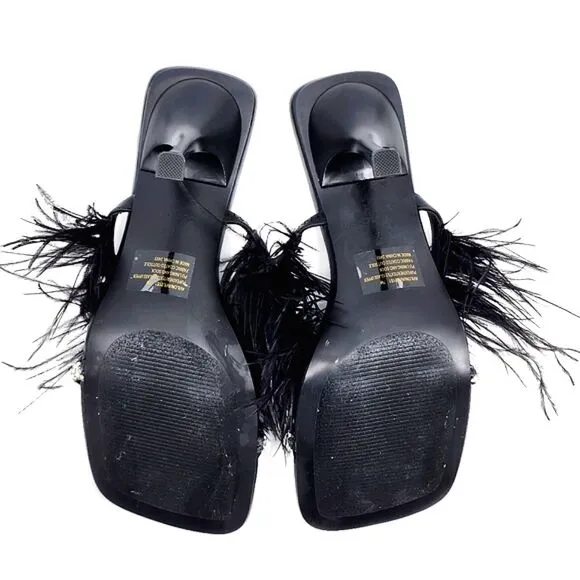 Steve Madden Avilon Feather Crystal Embellished Slide Sandals Women Size 7 Black