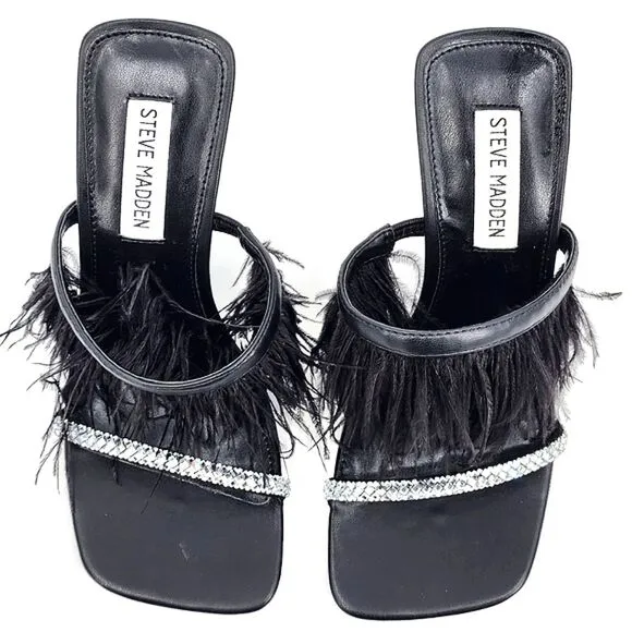 Steve Madden Avilon Feather Crystal Embellished Slide Sandals Women Size 7 Black