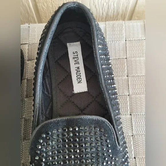 Steve Madden Black Rhinestone Slip-on Loafer Flats Size 10