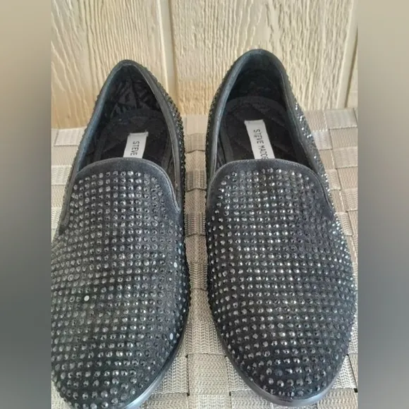 Steve Madden Black Rhinestone Slip-on Loafer Flats Size 10
