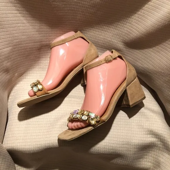 Steve Madden Tan Suede Malay Embellished Ankle Strap Block Heel Sandals, 8