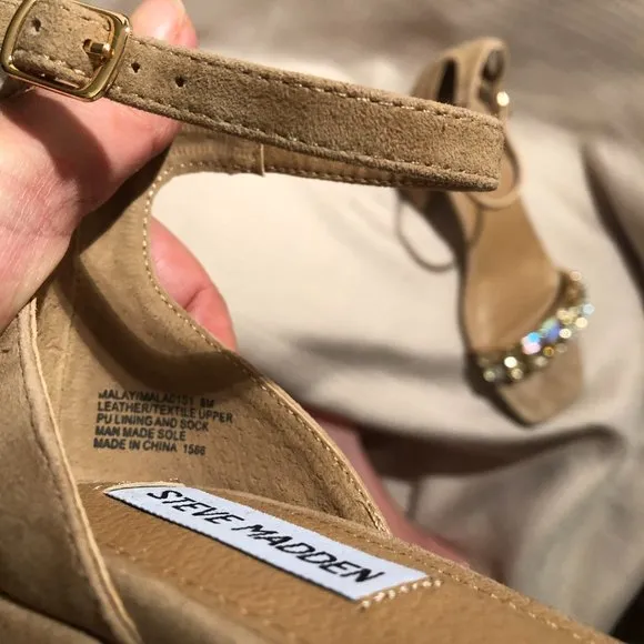Steve Madden Tan Suede Malay Embellished Ankle Strap Block Heel Sandals, 8
