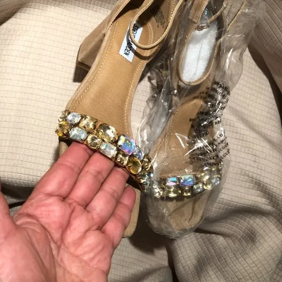 Steve Madden Tan Suede Malay Embellished Ankle Strap Block Heel Sandals, 8