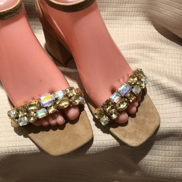 Steve Madden Tan Suede Malay Embellished Ankle Strap Block Heel Sandals, 8