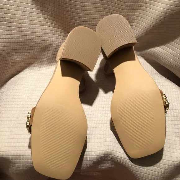 Steve Madden Tan Suede Malay Embellished Ankle Strap Block Heel Sandals, 8