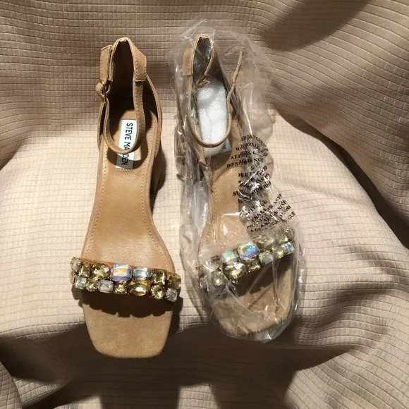Steve Madden Tan Suede Malay Embellished Ankle Strap Block Heel Sandals, 8