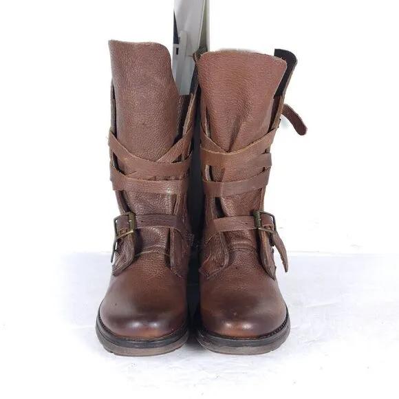Steve Madden Women's Banddit US7,5M Leather Brown Strappy Moto Biker Boots