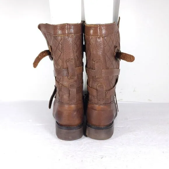 Steve Madden Women's Banddit US7,5M Leather Brown Strappy Moto Biker Boots