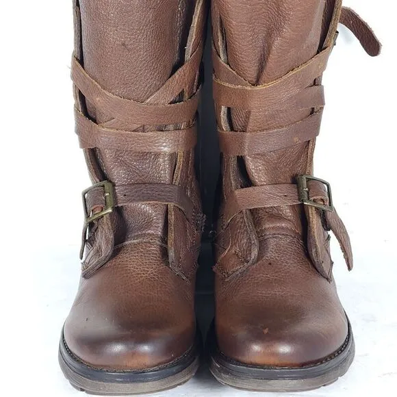 Steve Madden Women's Banddit US7,5M Leather Brown Strappy Moto Biker Boots