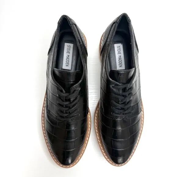 Steve Madden Wrenley Lace Up Platform Oxford Loafers Womens 7.5 Black Moc Croc