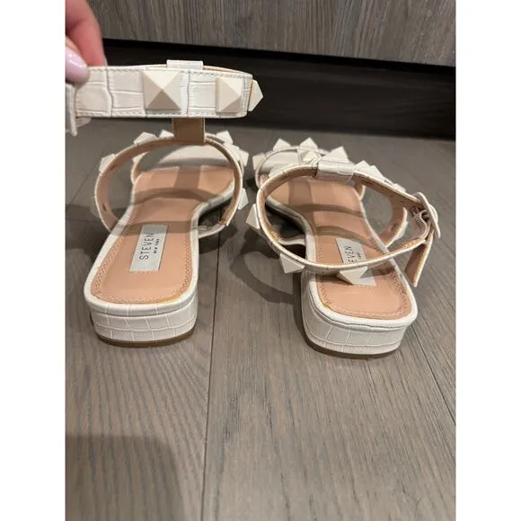 Steven by Steve Madden Hanan Bone Croc Faux Leather Studded Ankle Sandals Size 8