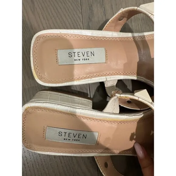 Steven by Steve Madden Hanan Bone Croc Faux Leather Studded Ankle Sandals Size 8