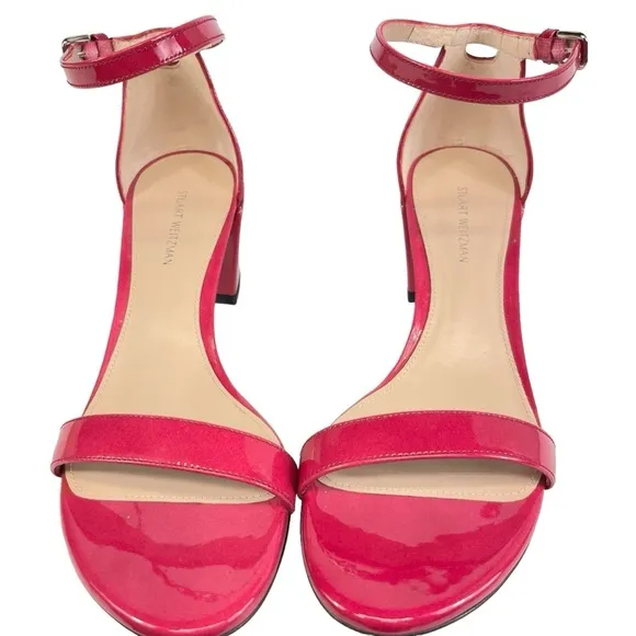 Stewart Weitzman Nudistcurve Patent Leather Block Heel Sandals Women US 7 Pink