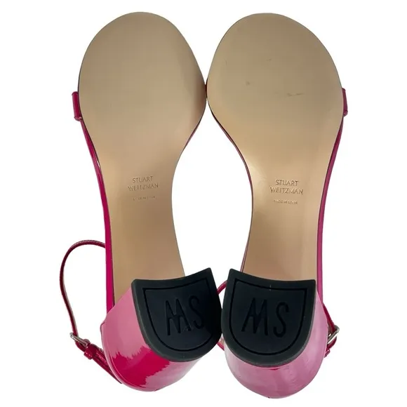 Stewart Weitzman Nudistcurve Patent Leather Block Heel Sandals Women US 7 Pink