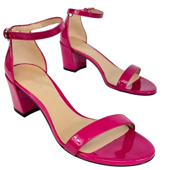 Stewart Weitzman Nudistcurve Patent Leather Block Heel Sandals Women US 7 Pink