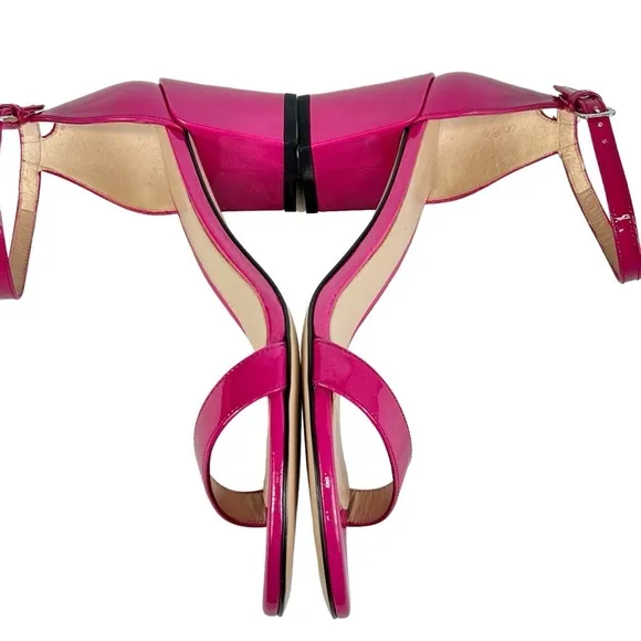 Stewart Weitzman Nudistcurve Patent Leather Block Heel Sandals Women US 7 Pink