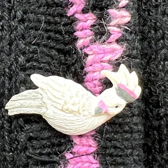 Storybook Knits bird Cockatoo Women's Black Embroidered V-Neck Long Sleeve Cardi