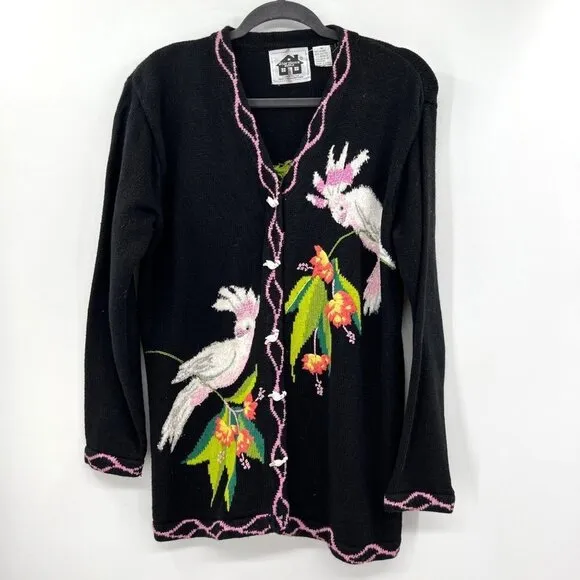 Storybook Knits bird Cockatoo Women's Black Embroidered V-Neck Long Sleeve Cardi