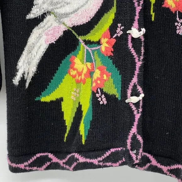 Storybook Knits bird Cockatoo Women's Black Embroidered V-Neck Long Sleeve Cardi