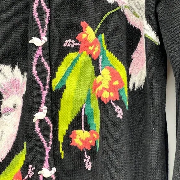 Storybook Knits bird Cockatoo Women's Black Embroidered V-Neck Long Sleeve Cardi