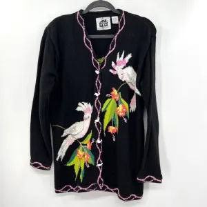 Storybook Knits bird Cockatoo Women's Black Embroidered V-Neck Long Sleeve Cardi