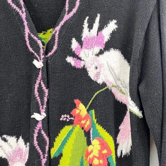 Storybook Knits bird Cockatoo Women's Black Embroidered V-Neck Long Sleeve Cardi