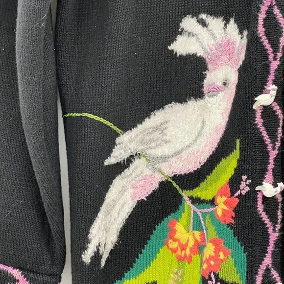 Storybook Knits bird Cockatoo Women's Black Embroidered V-Neck Long Sleeve Cardi
