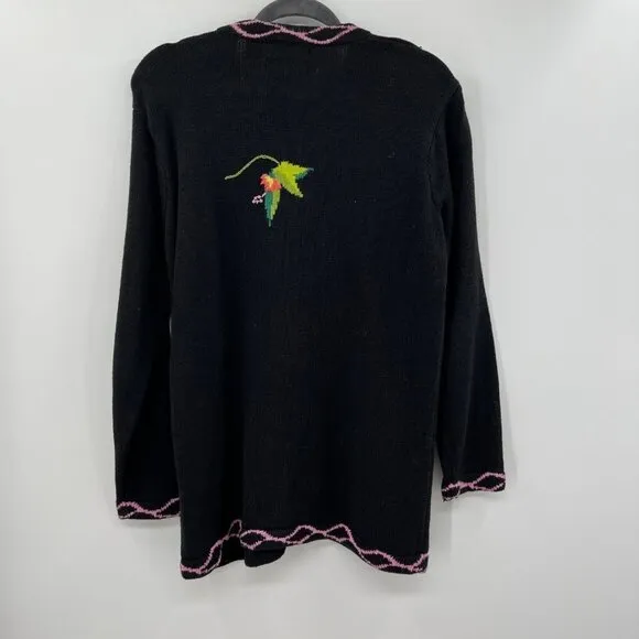 Storybook Knits bird Cockatoo Women's Black Embroidered V-Neck Long Sleeve Cardi