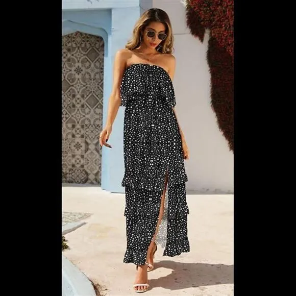 Strapless Ruffle Off Shoulde Maxi Dress