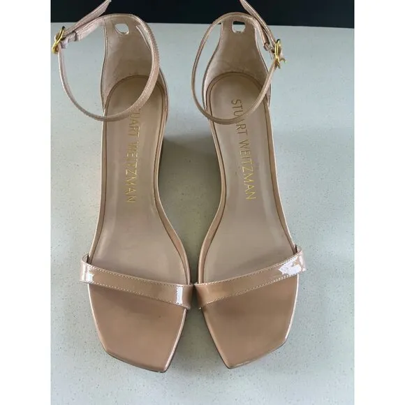 STUART WEITZMAN 50MM Patent-Leather Wedge Sandals size 8.5