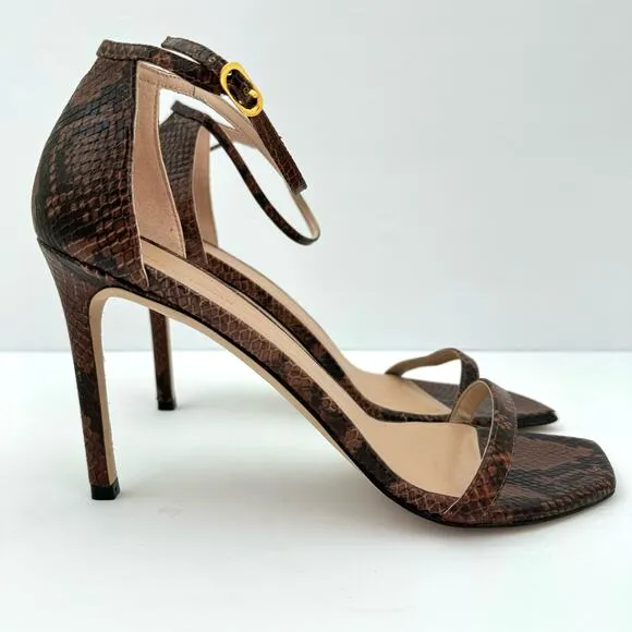 Stuart Weitzman Amelia Brown Snake Print Embossed Leather Sandals Women's 11