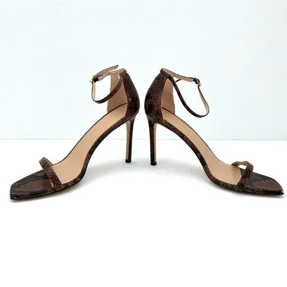 Stuart Weitzman Amelia Brown Snake Print Embossed Leather Sandals Women's 11