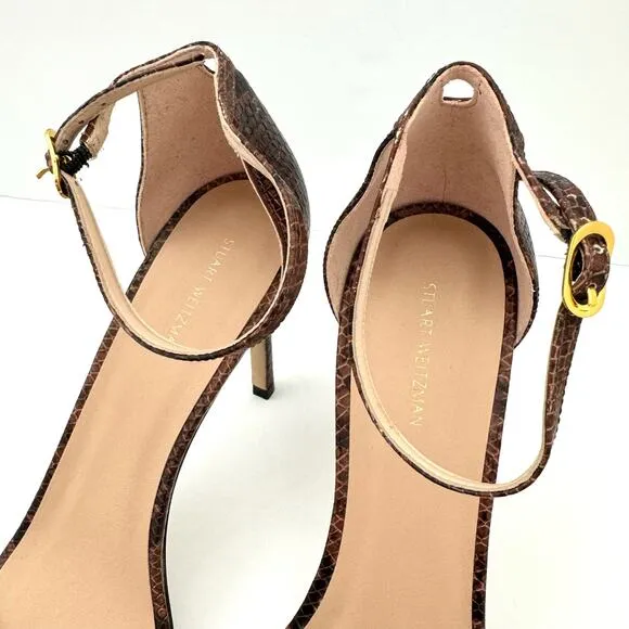 Stuart Weitzman Amelia Brown Snake Print Embossed Leather Sandals Women's 11