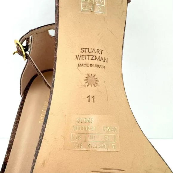 Stuart Weitzman Amelia Brown Snake Print Embossed Leather Sandals Women's 11