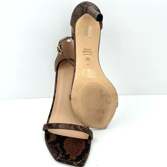 Stuart Weitzman Amelia Brown Snake Print Embossed Leather Sandals Women's 11