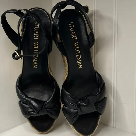 Stuart Weitzman Black Leather Ankle Strap Platform Espadrille Wedge Sandals 10