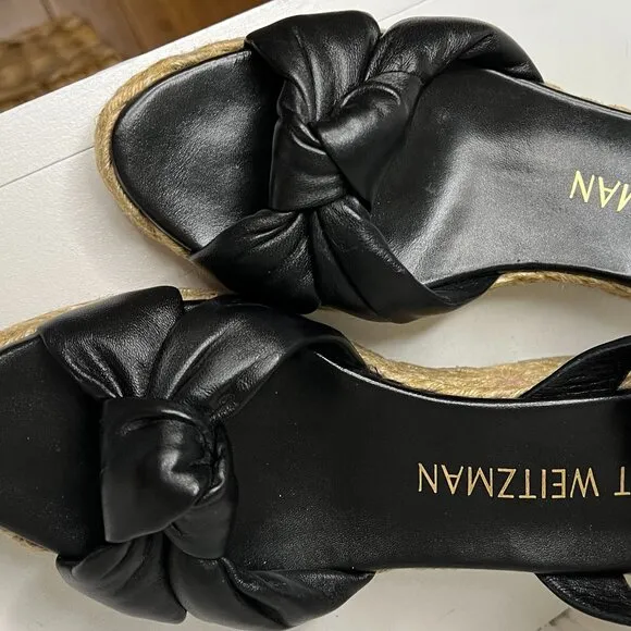 Stuart Weitzman Black Leather Ankle Strap Platform Espadrille Wedge Sandals 10