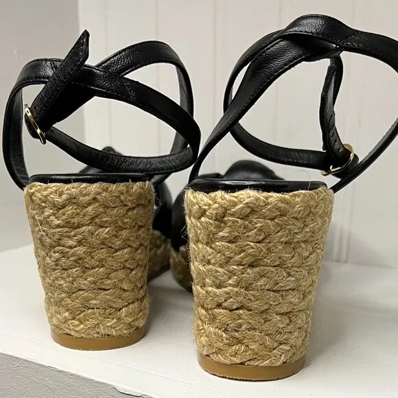 Stuart Weitzman Black Leather Ankle Strap Platform Espadrille Wedge Sandals 10